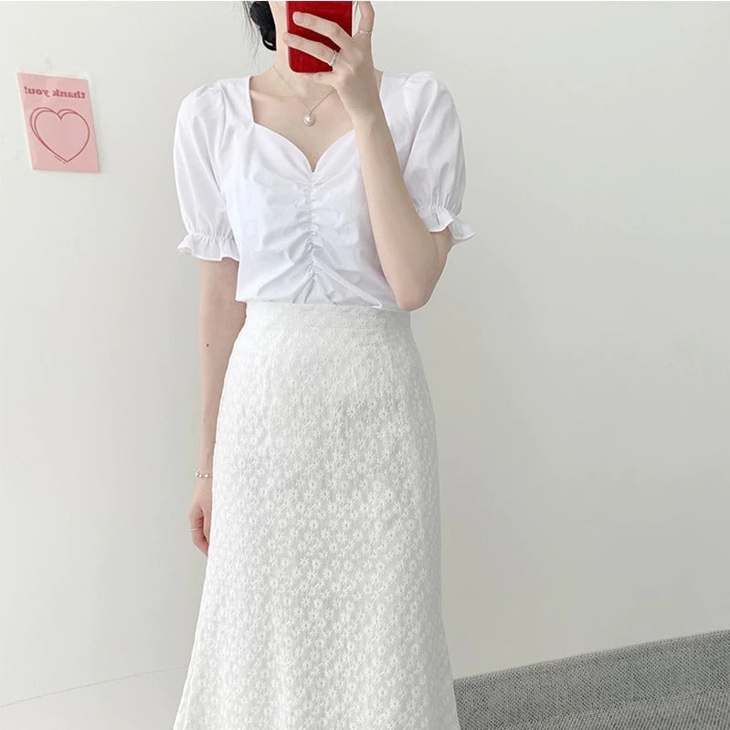 Two Piece Suits High Waist Bud Silk Embroidery A Line Skirts + Summer Short Sleeve