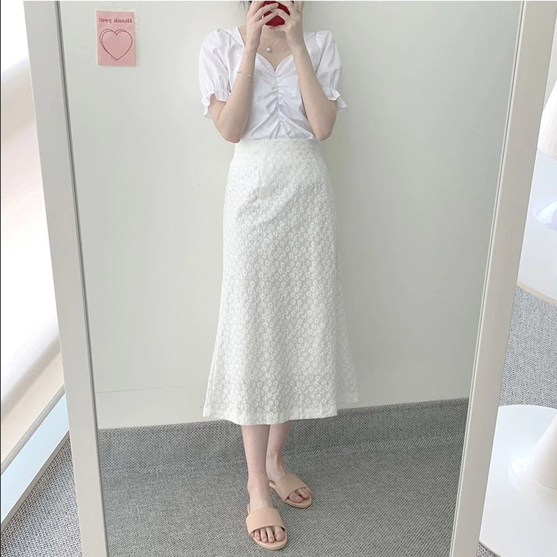 Two Piece Suits High Waist Bud Silk Embroidery A Line Skirts + Summer Short Sleeve