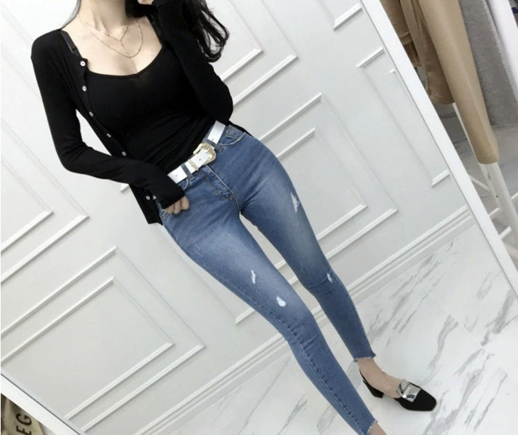 two pieces set vest cardigan + Solid cotton Sexy slim Sleeveless