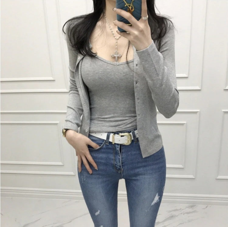 two pieces set vest cardigan + Solid cotton Sexy slim Sleeveless