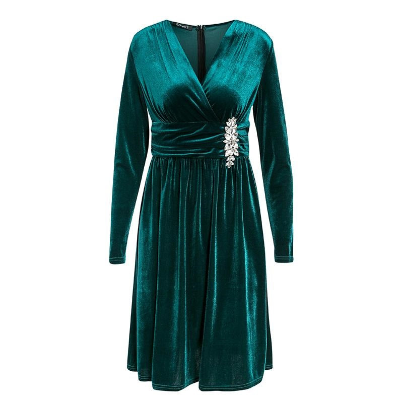 Sexy V-neck Velvet Elegant Long Sleeve Crystal Ruched Short Party Office Lady Chic Mini Dress