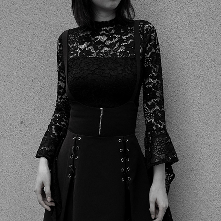Gothic Flare Long Sleeve Bodysuit Lace Up Skirt-women-wanahavit-bodysuit-S-wanahavit