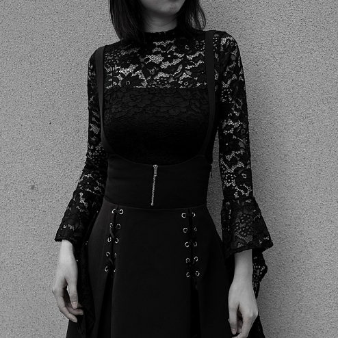 Gothic Flare Long Sleeve Bodysuit Lace Up Skirt-women-wanahavit-set-S-wanahavit