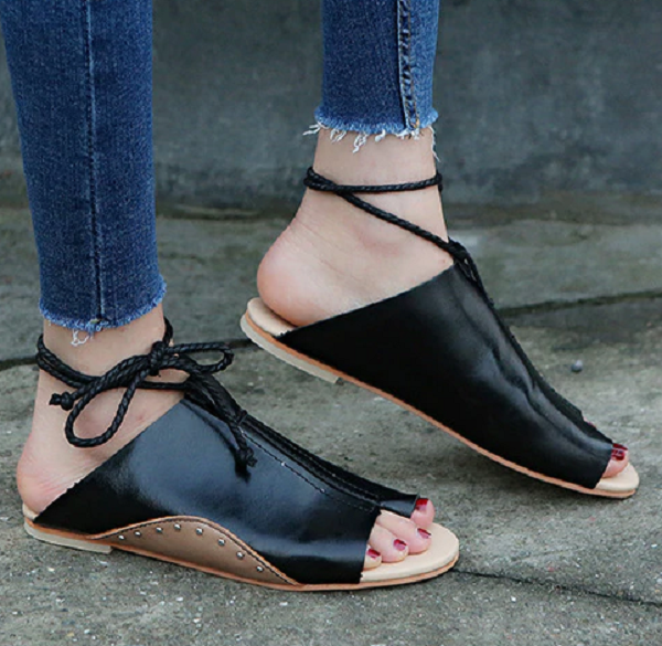 Ankle Strap Soft Leather Flat Sandals-women-wanahavit-Black-5-wanahavit