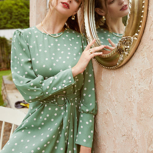 Load image into Gallery viewer, Commute Crew Neck Polka Dot Green Long Sleeve Asymmetrical Knee Length Sash Midi Dress
