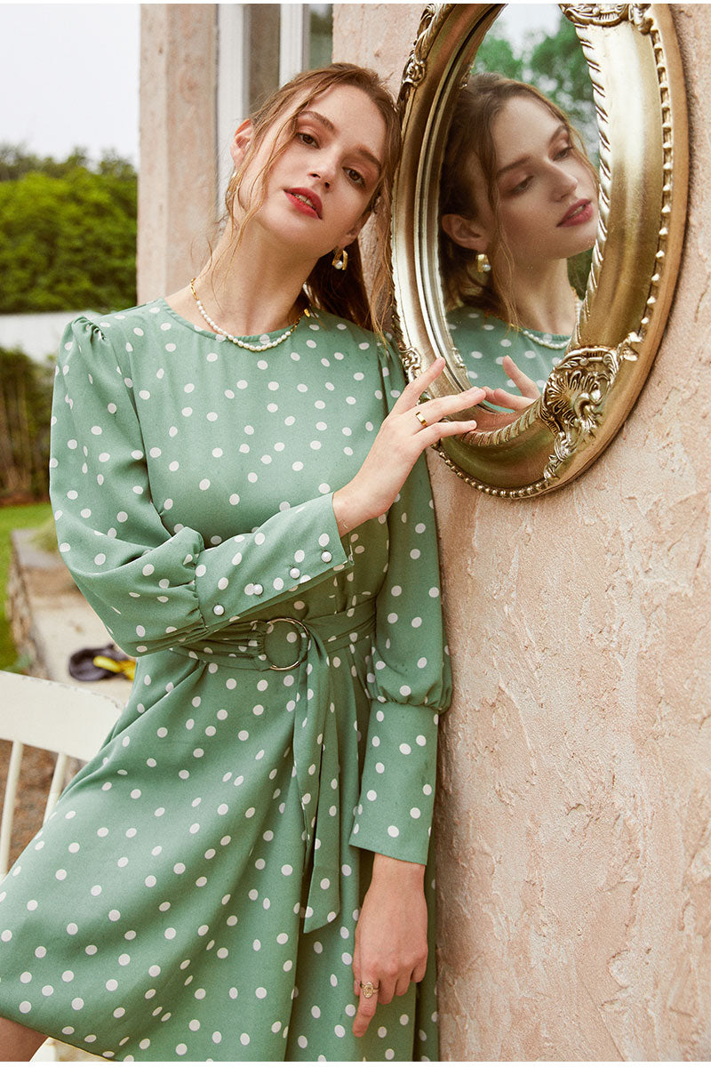 Commute Crew Neck Polka Dot Green Long Sleeve Asymmetrical Knee Length Sash Midi Dress