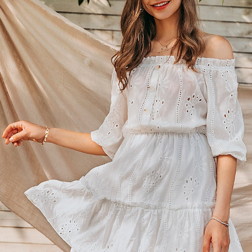 Load image into Gallery viewer, Sexy White Off Shoulder Summer Solid Ruffle Cotton Vintage Holiday Beach Dress
