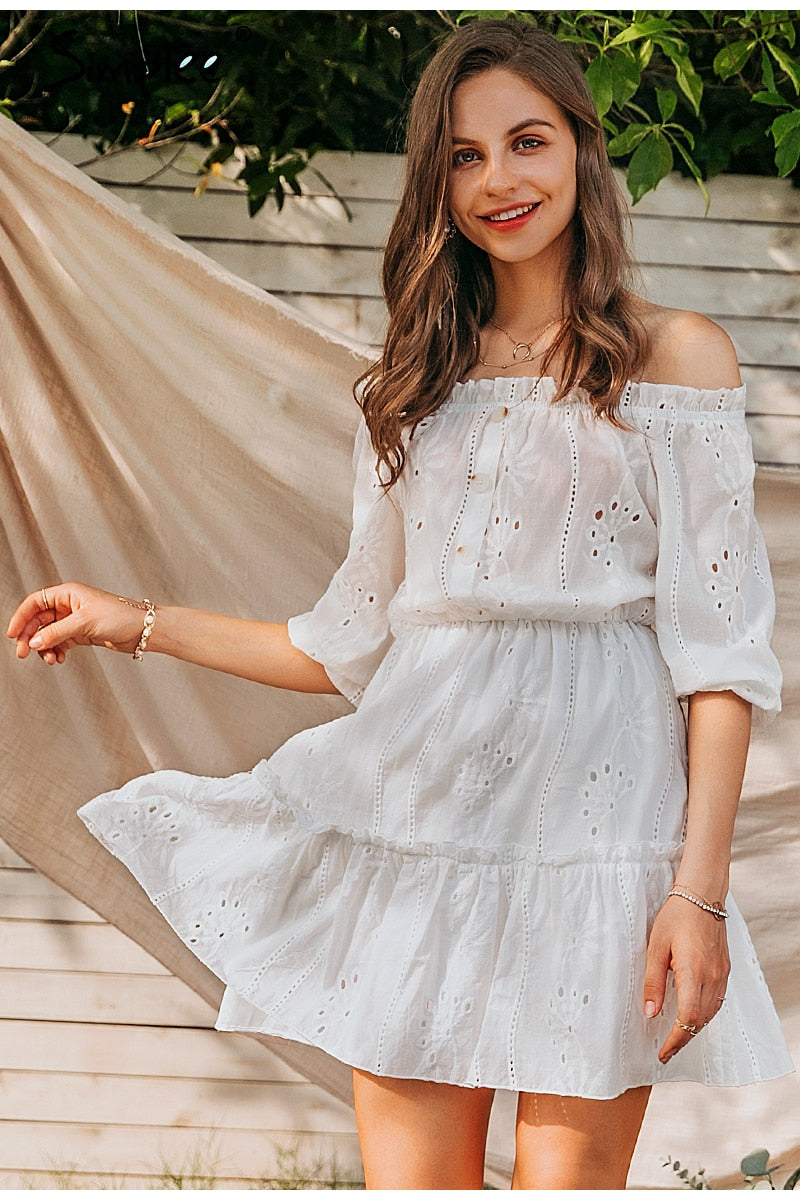 Sexy White Off Shoulder Summer Solid Ruffle Cotton Vintage Holiday Beach Dress