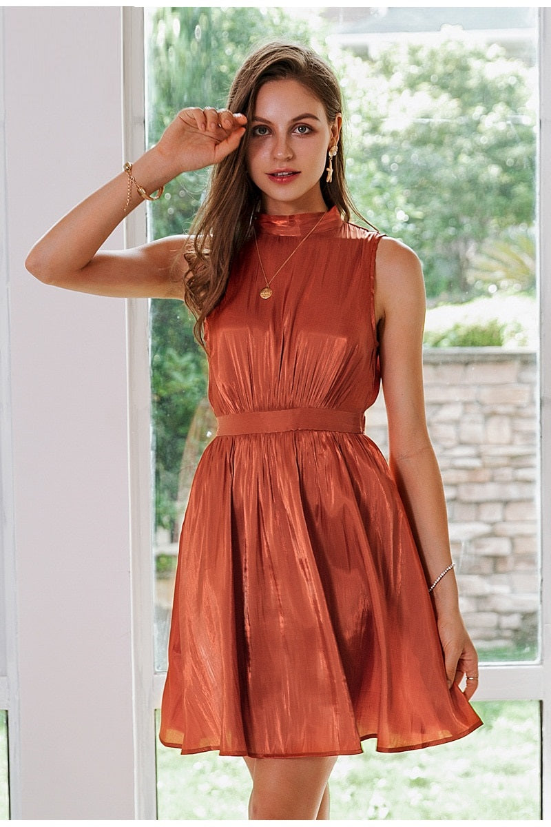 Elegant Solid Brick Red Sleeveless Summer Casual Work Office Lady Dress