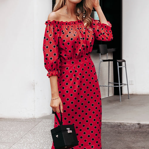 Load image into Gallery viewer, Sexy Off Shoulder Maxi Slim Polka Dots High Waist Ruffle Casual Party Dress
