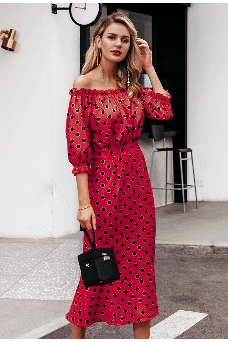 Sexy Off Shoulder Maxi Slim Polka Dots High Waist Ruffle Casual Party Dress