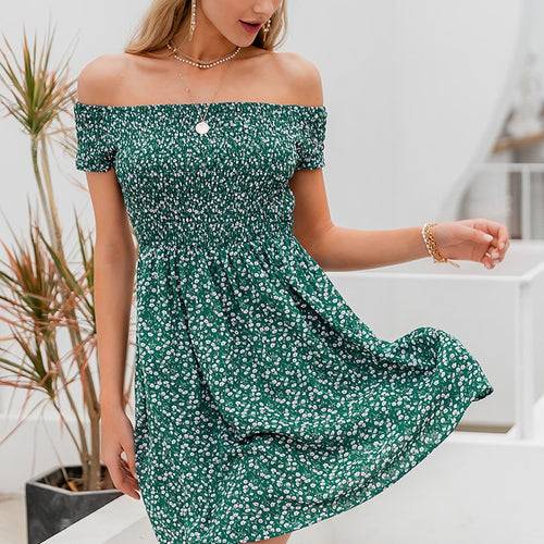 Load image into Gallery viewer, Elegant Off Shoulder Mini Boho Floral Print A-line Spring Summer Holiday Dress
