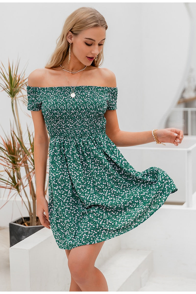 Elegant Off Shoulder Mini Boho Floral Print A-line Spring Summer Holiday Dress