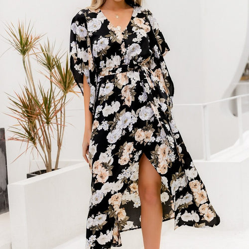 Load image into Gallery viewer, Ruffle Sleeve Floral Print V-neck Sash Belt Beach Split High Waist Ladies Dress
