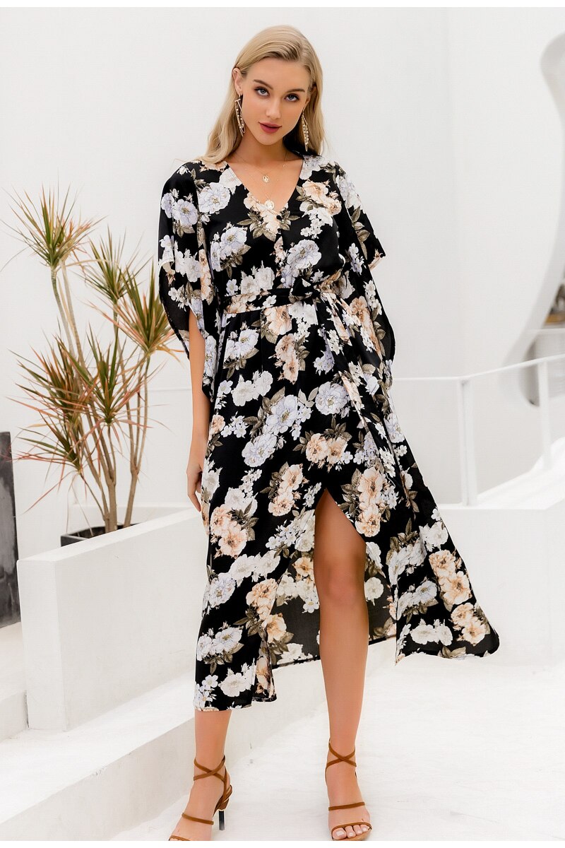 Ruffle Sleeve Floral Print V-neck Sash Belt Beach Split High Waist Ladies Dress