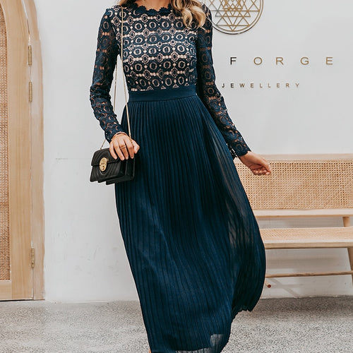 Load image into Gallery viewer, Elegant Lace Embroidery Pleated O-neck Long Plus Size Sexy Party Dress
