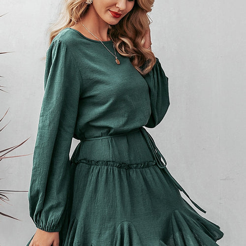 Load image into Gallery viewer, Elegant Loose Short Party Streetwear Lantern Strap Ruffled Cotton O-neck Office Dress
