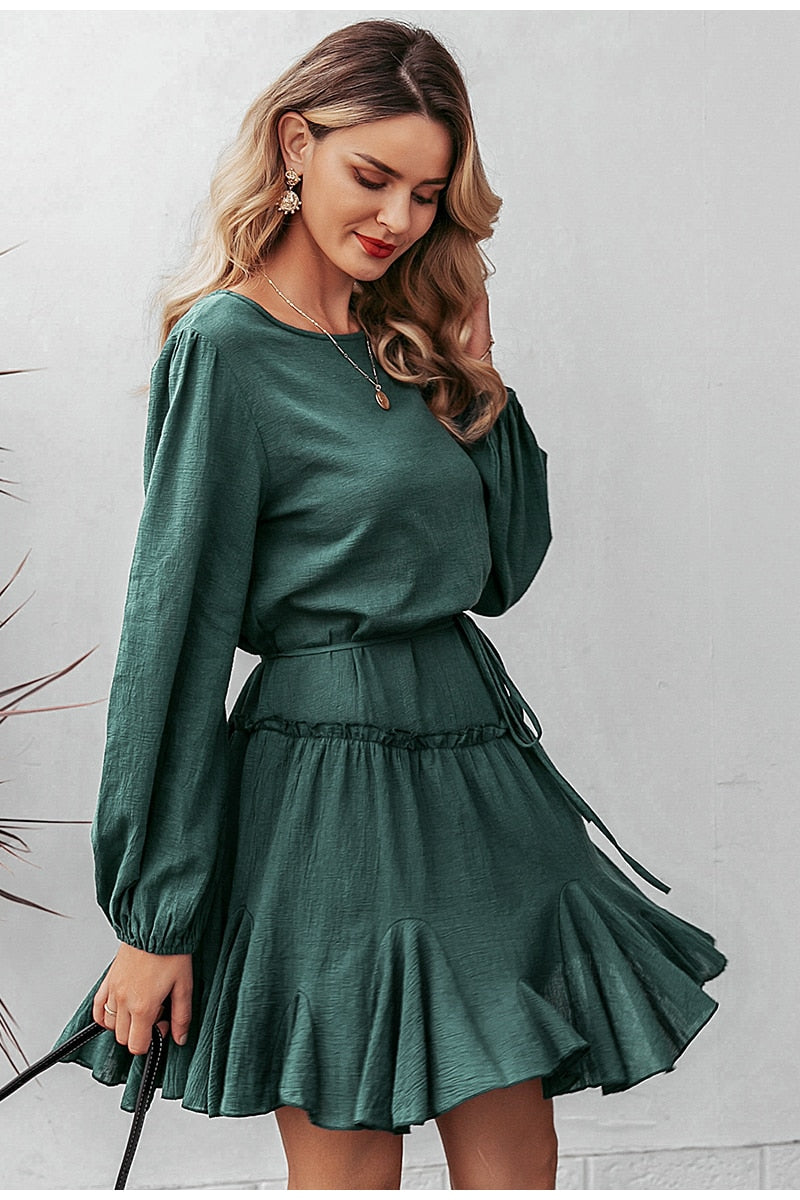 Elegant Loose Short Party Streetwear Lantern Strap Ruffled Cotton O-neck Office Dress