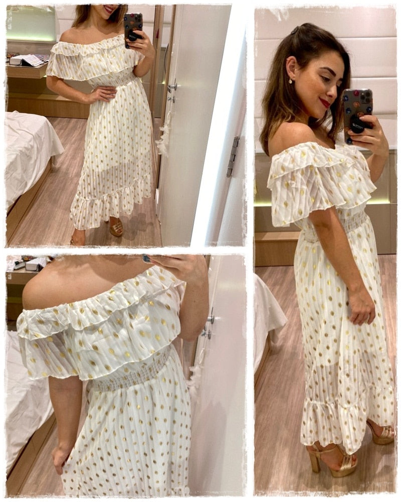 Sexy Off Shoulder Long Maxi Elegant Vintage Dot White Party Spring Summer Holiday Style Dress