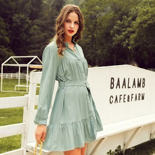 Load image into Gallery viewer, Green Bow Ruffles Sash Button Long Sleeve Casual Dress
