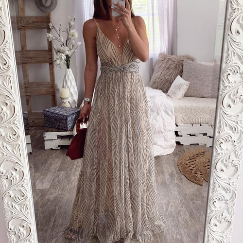Load image into Gallery viewer, Sexy V-neck Spaghetti Strap Elegant Striped Long Sundress Summer Style Maxi Dress
