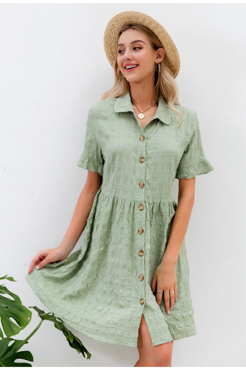 Streetwear Solid Summer Shirt Collar Ruffled Casual Party Buttons Office Dress