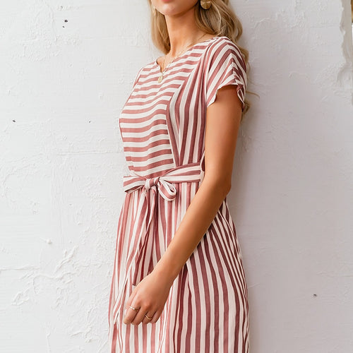 Load image into Gallery viewer, Striped Casual Buttons Strap Short Sleeve Summer O-neck A-line Holiday Dress
