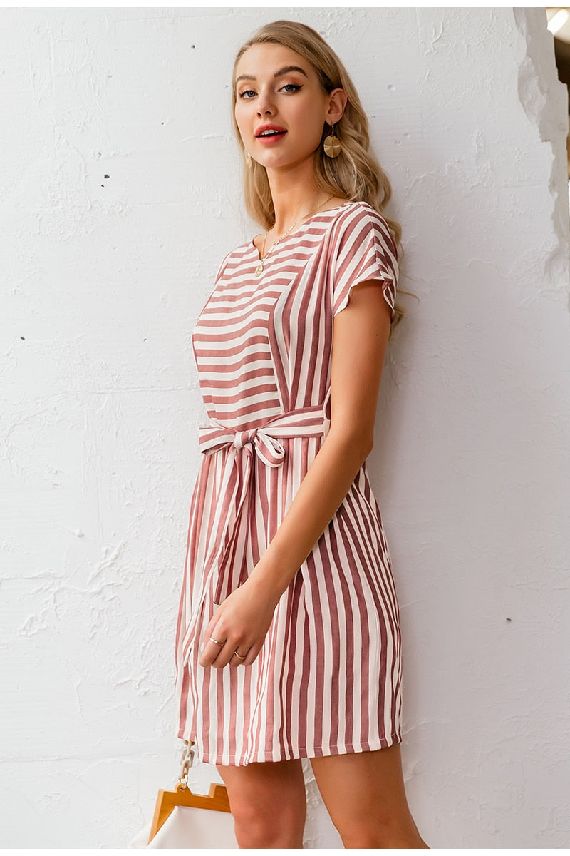 Striped Casual Buttons Strap Short Sleeve Summer O-neck A-line Holiday Dress