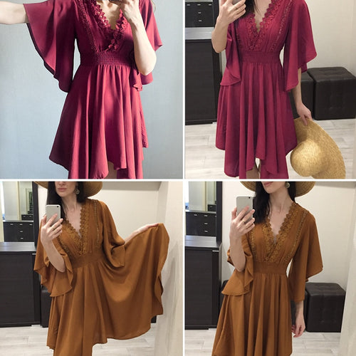 Load image into Gallery viewer, V-neck Lace Hollow Out Summer Irregular High Waist Midi Casual Streetwear Dress
