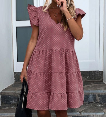 A-line Polka Dot Print Summer Sexy Deep V-neck Mid Waist Casual Ruffle Loose Elegant Dress