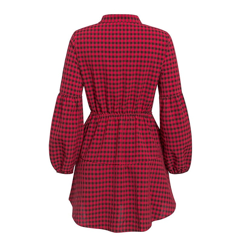 Streetwear Office Lantern Ruffled Strap Spring Plaid Collar Retro Mini Dress