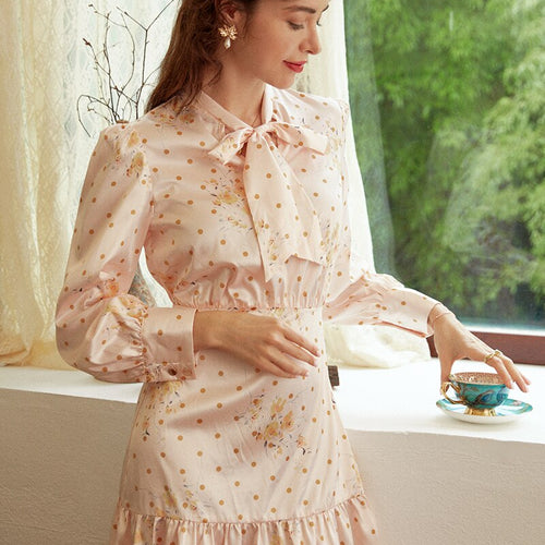 Load image into Gallery viewer, Elegant Round Neck Polka Dot Solid Lantern Apricot Loose Holiday Autumn Long Party Dress
