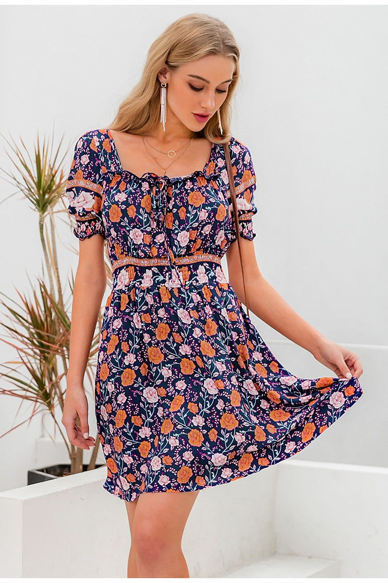 Blackless Floral Print Summer High Waist Puff Sleeve Ruffled Boho Ruched A-line Mini Dress