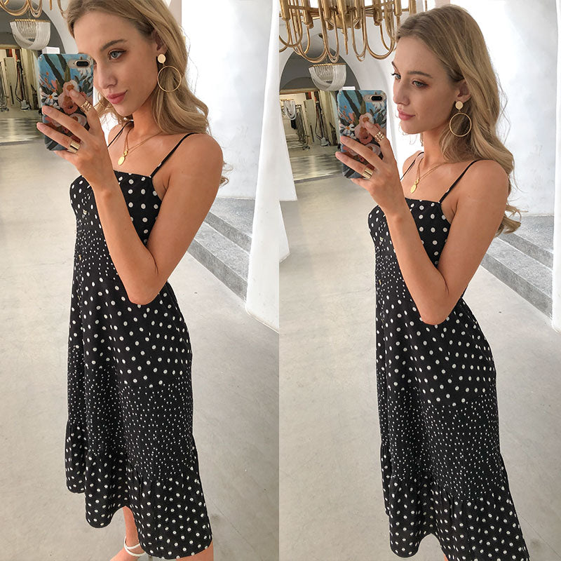 Polka Dot Casual Sleeveless Buttons Female Overalls Summer Maxi Dress