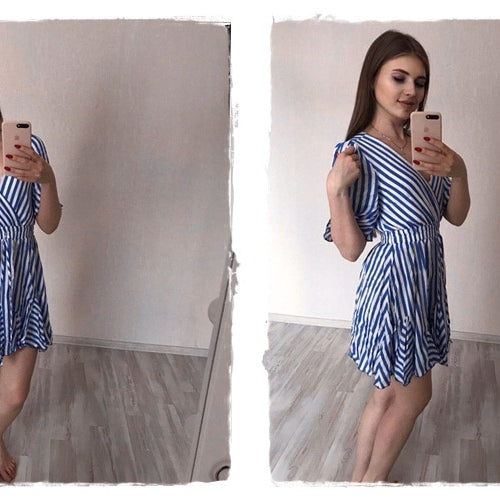 Load image into Gallery viewer, Vintage Striped V-neck Ruffle Cotton Short Summer Sexy Casual Dress
