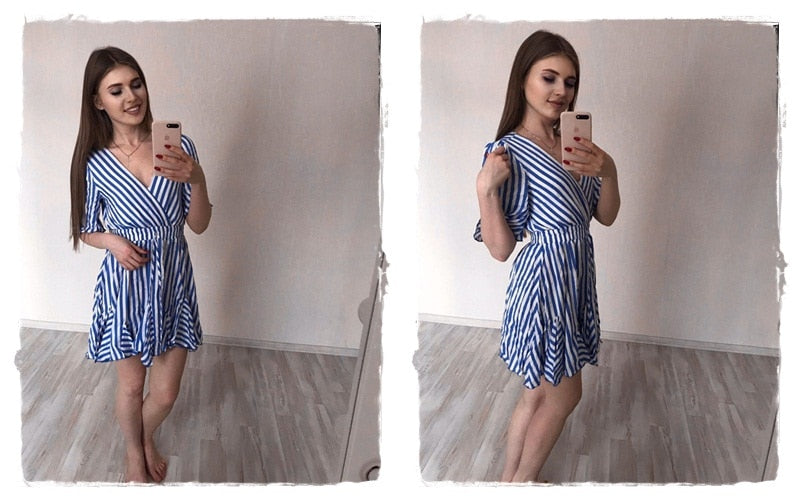 Vintage Striped V-neck Ruffle Cotton Short Summer Sexy Casual Dress