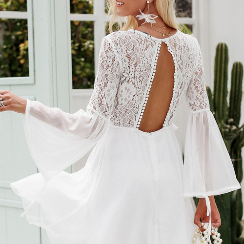 Load image into Gallery viewer, Embroidery Flare Sleeve Hollow Out Vintage Lace Backless Sexy Elegant Ruffle Autumn Winter Dress
