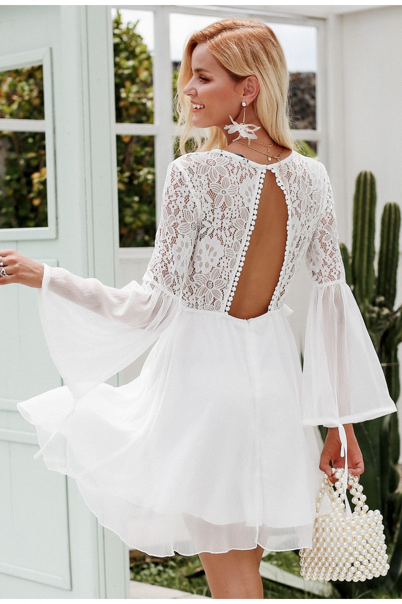 Embroidery Flare Sleeve Hollow Out Vintage Lace Backless Sexy Elegant Ruffle Autumn Winter Dress