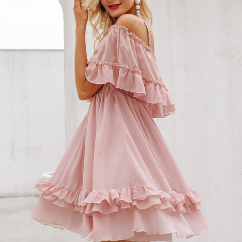 Load image into Gallery viewer, Elegant Off Shoulder Ruffle Strap Chiffon Summer Casual Holiday Dress
