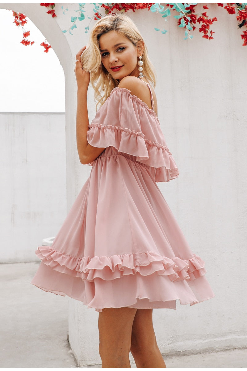 Elegant Off Shoulder Ruffle Strap Chiffon Summer Casual Holiday Dress