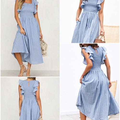 Load image into Gallery viewer, Vintage Striped Long Ruffle Linen Blue Elegant Summer Casual Cotton Fashion Female Dress
