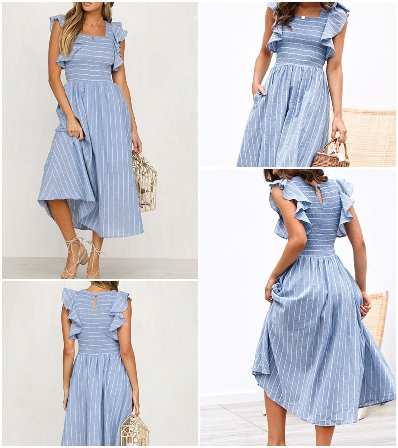 Vintage Striped Long Ruffle Linen Blue Elegant Summer Casual Cotton Fashion Female Dress