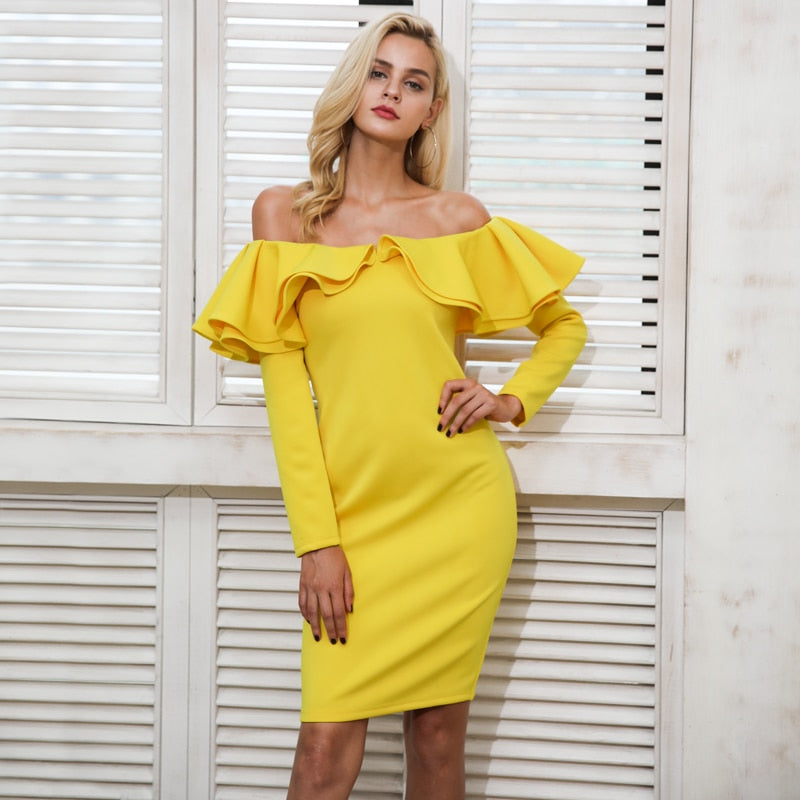 Elegant Backless Sexy Winter Ruffle Autumn Yellow Cold Shoulder Christmas Dress