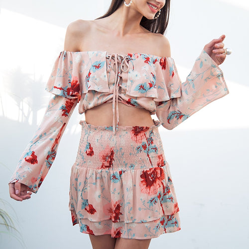 Load image into Gallery viewer, Sexy Off Shoulder Print Two Piece Flare Sleeve Lace Up Boho Short Ruffle Dress
