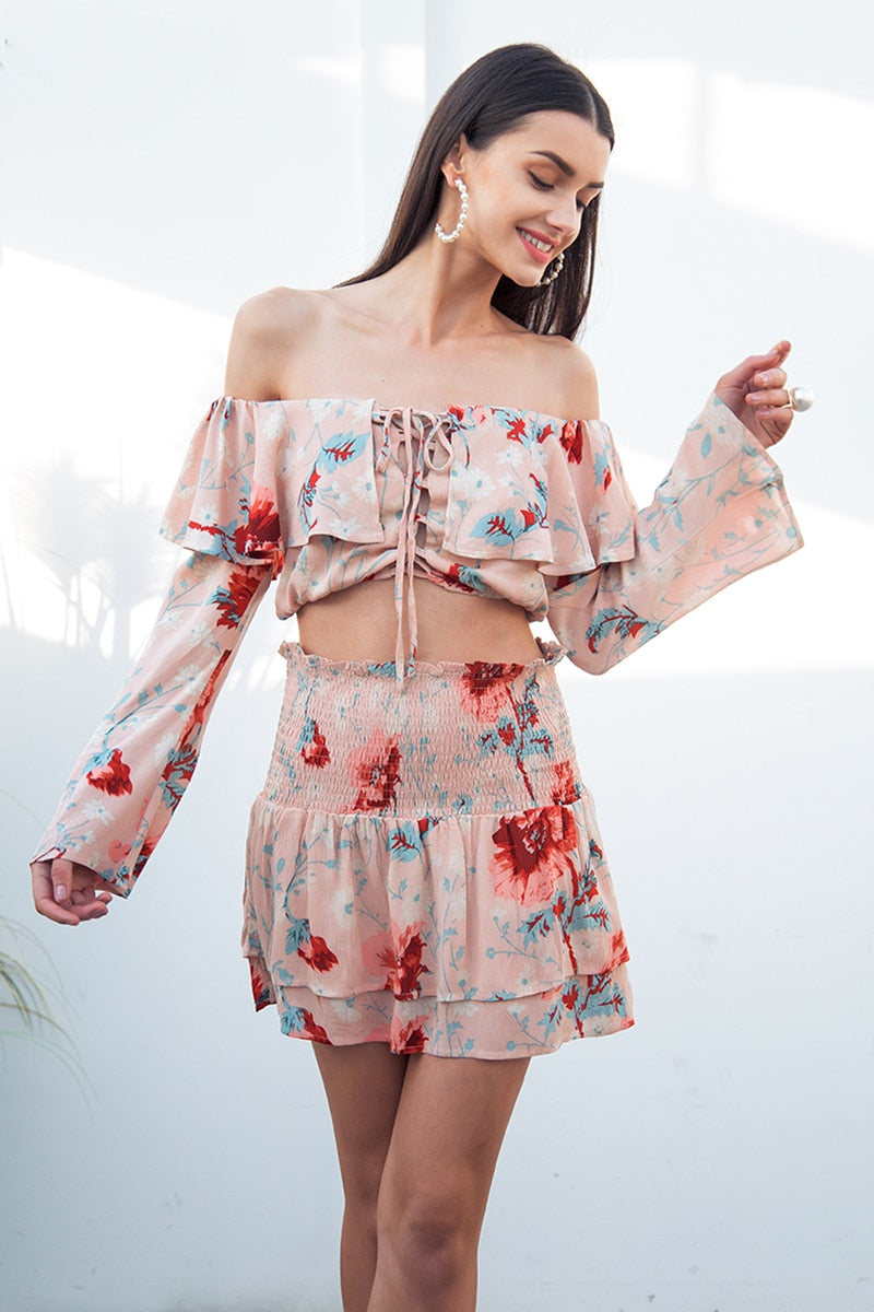 Sexy Off Shoulder Print Two Piece Flare Sleeve Lace Up Boho Short Ruffle Dress