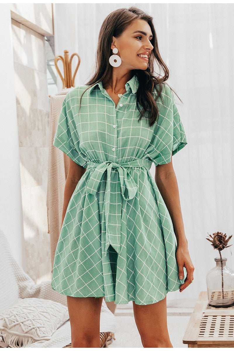 Elegant Plaid Sashes Short Sleeve A-line Casual Streetwear Button Summer Short Dress