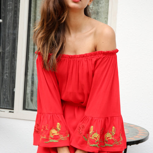 Load image into Gallery viewer, Off Shoulder Flare Sleeve Embroidery Sexy Ruffle Red Short Belt Bow Loose Beach Summer Dress
