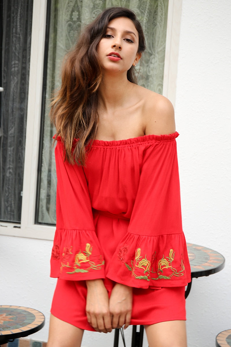 Off Shoulder Flare Sleeve Embroidery Sexy Ruffle Red Short Belt Bow Loose Beach Summer Dress