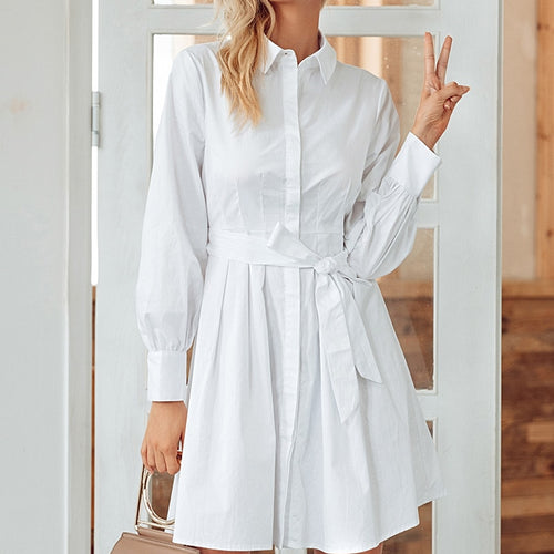 Load image into Gallery viewer, Pleated High Waist Vintage Office Lady White Long Sleeve Cotton Winter Dress
