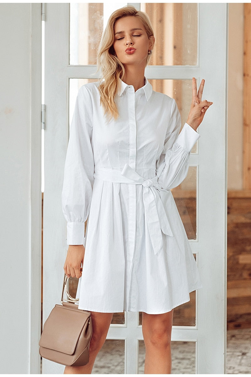 Pleated High Waist Vintage Office Lady White Long Sleeve Cotton Winter Dress